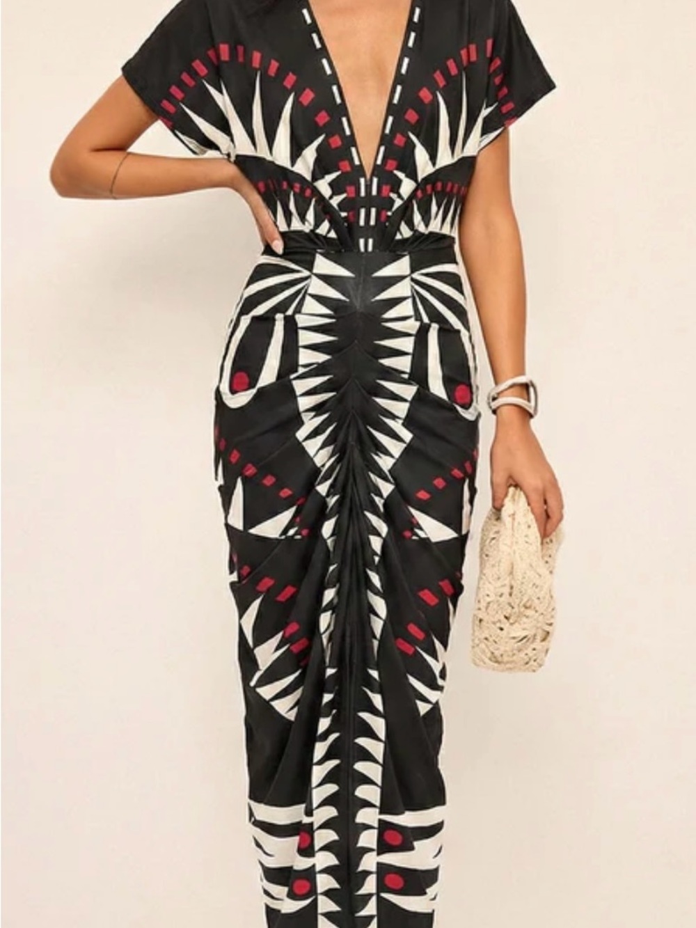 Commense Black Maxi Dress with White and Red Geometric Accents